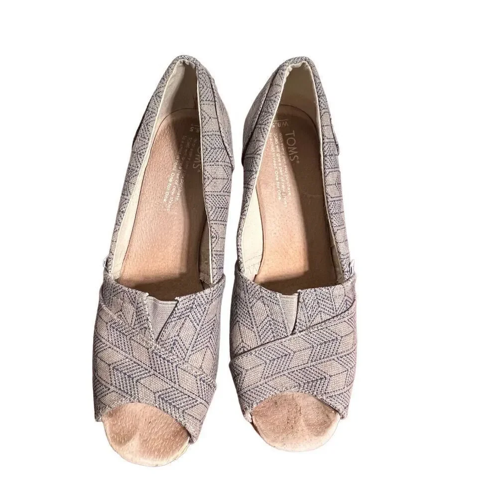 Toms Espadrille Peep Toe Grey Canvas Cork Wedge Size 8.5